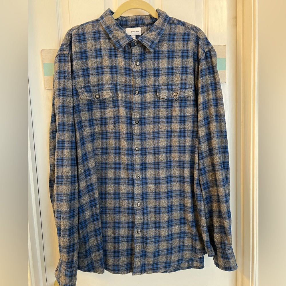 Sonoma Gray & Blue Plaid Flannel Shirt Sz XXL